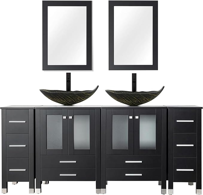 LUCKWIND 72" Bathroom Vanity Sink Combo, Double 24" Main Cabniets with Two 12.6" Side Cabinets, Painted Bathroom Storage Cabinet, Including Leaf Shaped Sinks, Faucets Without Mirror, Black
