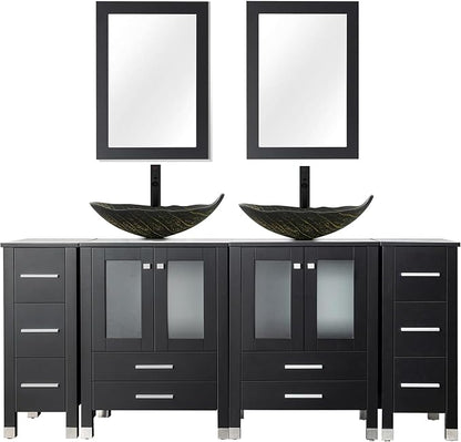 LUCKWIND 72" Bathroom Vanity Sink Combo, Double 24" Main Cabniets with Two 12.6" Side Cabinets, Painted Bathroom Storage Cabinet, Including Leaf Shaped Sinks, Faucets Without Mirror, Black