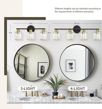 Crystal Bathroom Light Fixtures, Bathroom Lighting Fixtures Over Mirror, Modern Black Gold 3-Light Vanity Lights for Mirror, Restroom, Bedroom (Ceramic E26 Socket,Bulbs Not Include)
