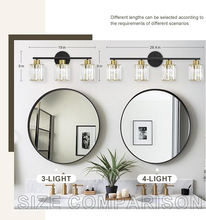 Modern Black Gold Crystal Bathroom Light Fixtures,4-Light | Bathroom Lighting Fixtures over Mirror,Vanity Lights for Mirror, Restroom(Ceramic E26 Socket,Bulbs Not Include)