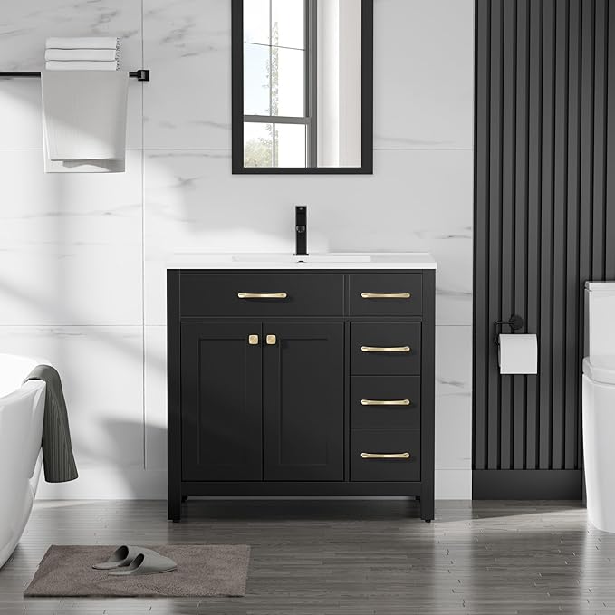 LUCKWIND 36" Bathroom Vanity with Sink Combo, Painted Modern Bathroom Storage Cabinet with Large Sink, Two Doors and Three Drawers, Include Faucet, Without Mirror, Black