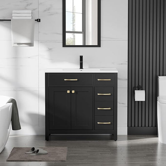 LUCKWIND 36" Bathroom Vanity with Sink Combo, Painted Modern Bathroom Storage Cabinet with Large Sink, Two Doors and Three Drawers, Include Faucet, Without Mirror, Black