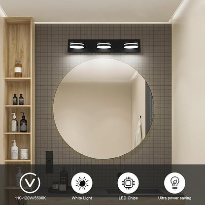 3-Light Bathroom Vanity Light Over Mirror, (24inch Dimmable) Matte Black LED Vanity Lighting Fixtures, Modern Bathroom Wall Light Fixtures with 360°Rotating Head (Cool White 5500K)