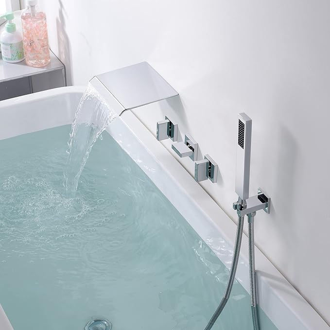 sumerain Waterfall Tub Faucet Wall Mount Bathtub Faucet with Hand Shower Chrome Finish, High Flow Rate