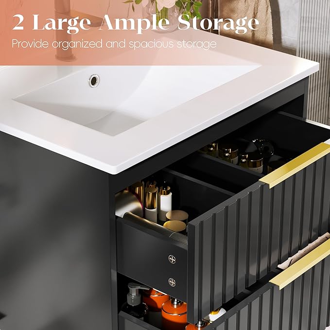 24" Bathroom Vanity with Sink, Floating Vanity Bathroom Sink Cabinet Wall Mount, Soft-Close Function 2 Large Drawers, Grooved Stripe Design, Hidden Damping Drawers, Black