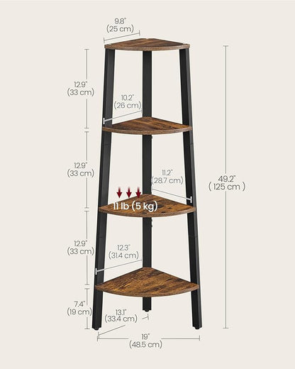 VASAGLE Corner Shelf Stand, 4-Tier Corner Bookshelf, Industrial Ladder Shelf, Plant Stand for Living Room, Office, Kitchen, Rustic Brown and Black ULLS34X
