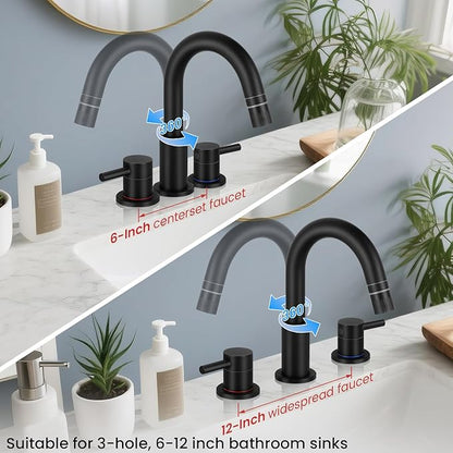 Matte Black Pull Down Bathroom Faucet 3 Hole with Pop Up Drain, Bathroom Sink Faucet with Pull Down Sprayer 2 Modes, 8 inch Widespread Gold Faucet for Bathroom Sink, 2 Handle Vanity Faucet