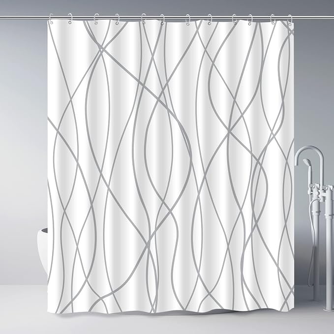 Striped Shower Curtain for Bathroom, Grey White, 72" W x 72" L | with Hooks, Modern Hotel Style, Water Repellent, Washable, Weighted Hem