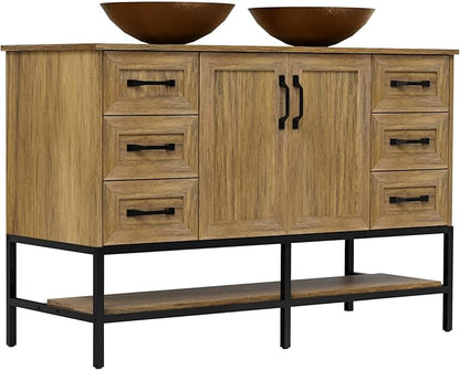 VNN 48 Inch Bathroom Vanity with Sink - Double Sink Bathroom Vanity, Freestanding Cabinet with Open Shelves and 6 Storage Drawers, Modern Iron Wood Cabinet with Countertop Tempered Glass Vessel, Oak