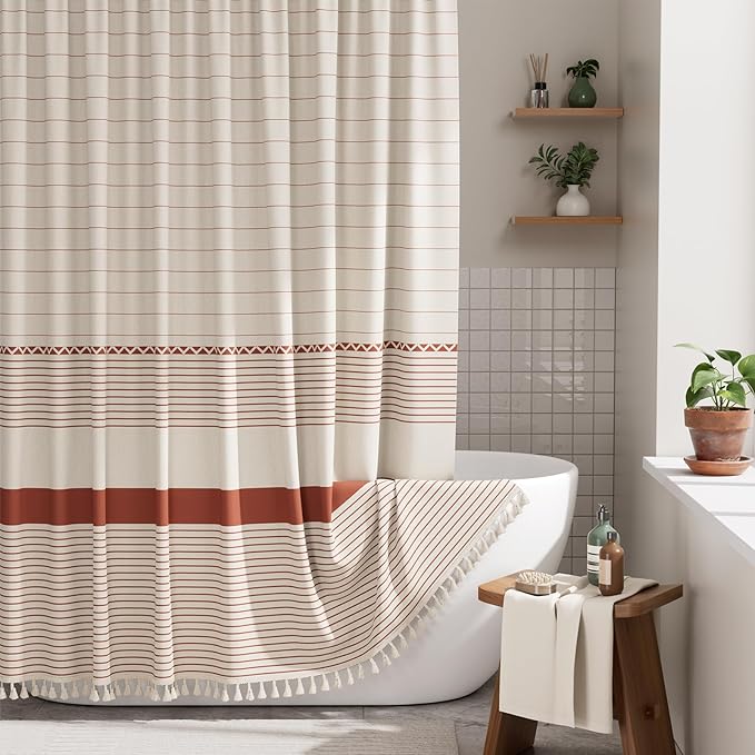 AmazerBath Boho Shower Curtain, Modern Farmhouse Shower Curtain Set with Tassels, Rustic Faux Linen Red Striped Shower Curtain with Hooks, Light Tan Toned, 72x72 Inches