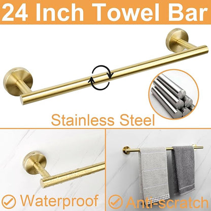 TocTen Bathroom Hardware Set, Thick Stainless Steel Bath Towel Bar Set Including Towel Rack for Bathroom+Toilet Paper Holder+3 Robe Towel Hooks Wall Mount Bathroom Accessory Set(24IN,Brushed Gold)