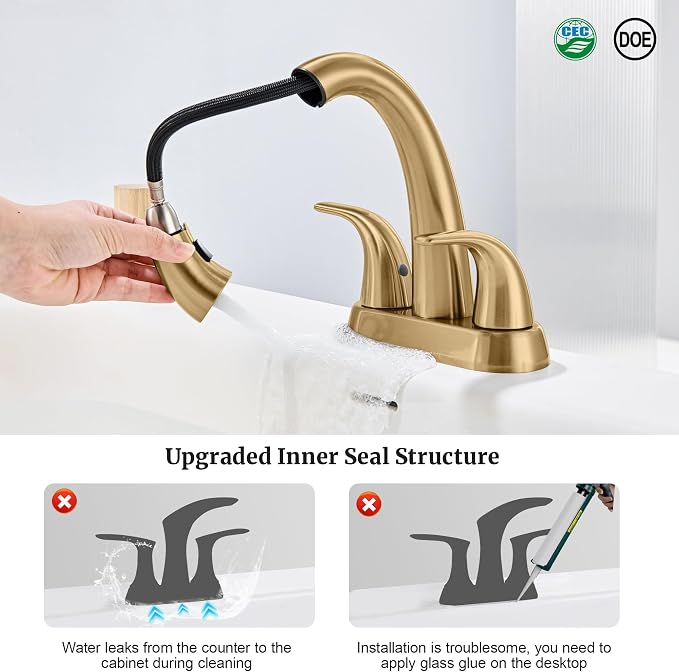 Bathroom Faucet with Sprayer, 4 Inch Champagne Bronze with Pop Up Drain | Ultimate Unicorn Centerset Pull Down Vanity Faucets 3 Hole- Two Handle Modern Washbasin Tap Set for Rv Lavatory Restroom