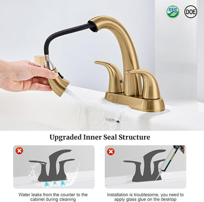 Bathroom Faucet with Sprayer, 4 Inch Champagne Bronze with Pop Up Drain | Ultimate Unicorn Centerset Pull Down Vanity Faucets 3 Hole- Two Handle Modern Washbasin Tap Set for Rv Lavatory Restroom