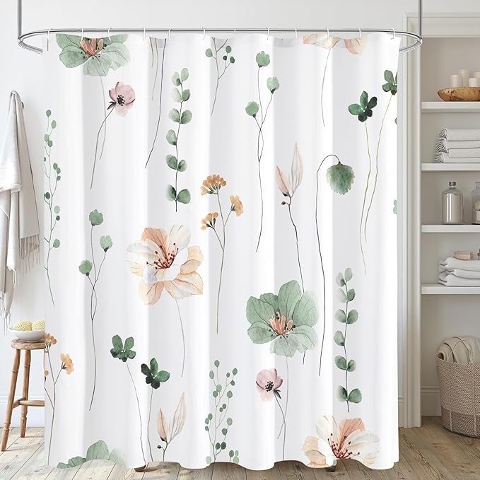 Sage Green Beige Watercolor Floral Fabric Shower Curtain, 72x84 | Waterproof Fabric, Modern Minimalist Floral Print, Machine Washable, Rustproof Grommets, for Bathroom Home, Extra Long