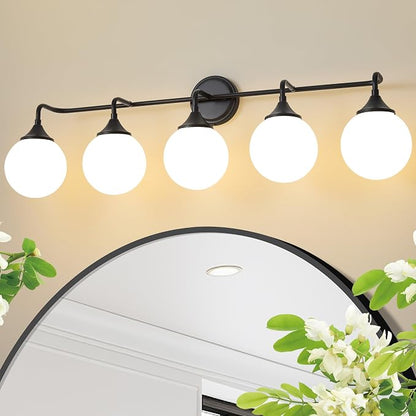 Black Bathroom Light Fixtures Over Mirror Vanity 5-Light | Mid Century Modern Matte Black Wall Sconce with Milky White Glass Ball Shades for for Bathroom Dressing Table Bedroom