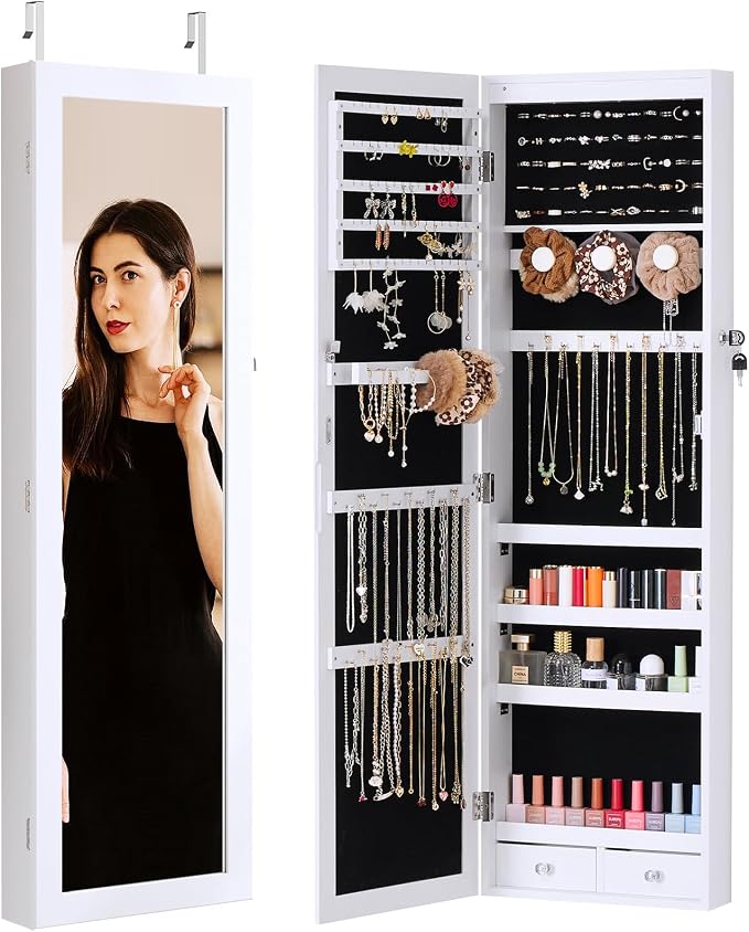 Jewelry Organizer Cabinet, 47.2-Inch Lockable Jewelry Armoire with Full-Length Mirror, Wall or Door-Mounted, Large Storage with 6 LEDs, 3.85" D x 14.25" W x 47.24" H, White