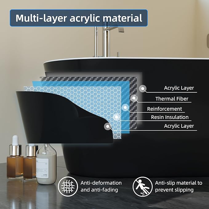 67'' Acrylic Freestanding Bathtub, Extra-Deep Soaking Free Standing Tub for Luxurious Bathing Experience, with Chrome Drain, for Main Bathroom, Black & White