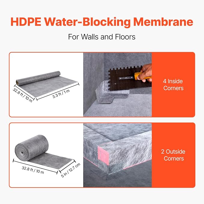 VEVOR Shower Curb Kit, 48 x 48 in Watertight Shower Curb Overlay with 4 in PVC Center Bonding Flange, 4 in Stainless Steel Grate, 2 Cuttable Shower Curbs Trowel and Shower Pan Slope Stick for Bathroom
