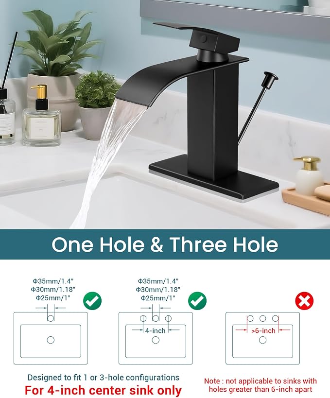Black Waterfall Bathroom Faucet Single Handle with Lift Rod Drain | Bathroom Sink Faucet,Stainless Steel,supply hoses Deck included,1 or 3 Hole,Fits home,RV,farmhouse bathrooms