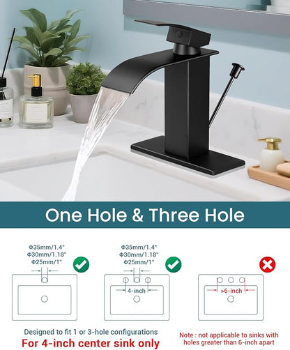 Black Waterfall Bathroom Faucet Single Handle with Lift Rod Drain | Bathroom Sink Faucet,Stainless Steel,supply hoses Deck included,1 or 3 Hole,Fits home,RV,farmhouse bathrooms