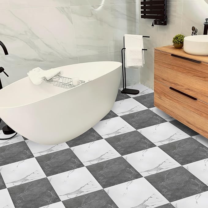 Spiareal 48 Pieces Peel and Stick Floor Tiles Vinyl Flooring 12 x 12 Inch Stick on Floor Tile Self Adhesive Waterproof DIY for Bathroom Kitchen Bedroom Living Room(Gray Marble,White Marble)