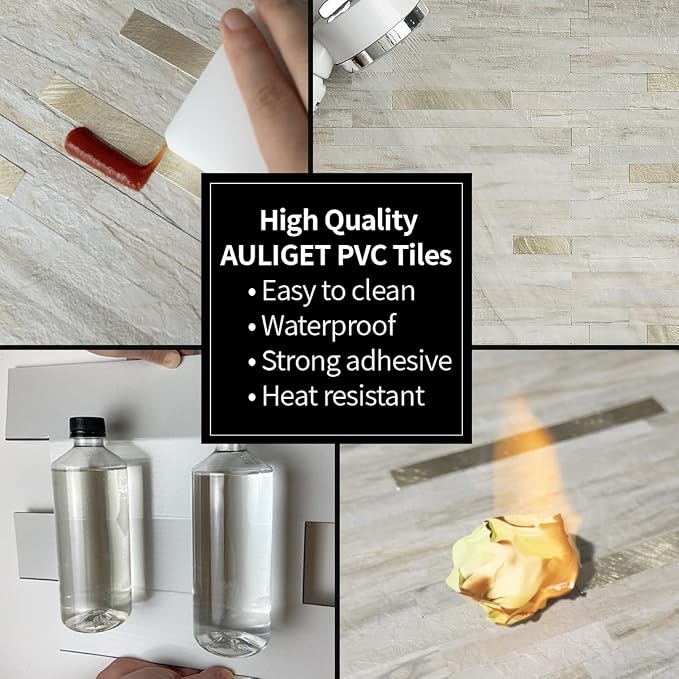 AULIGET 20 Sheets Faux Stone Peel and Stick Backsplash, Beige Marble Look PVC Wall Tile Stick on Backsplash for Kitchen and Bathroom