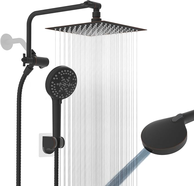 8" Metal Rainfall Shower Head with 10-Mode Handheld, Oil Rubbed Bronze | NSF/ANSI/CAN 372 Certified, High Pressure Showerhead Combo with 11" Adjustable Shower Arm, 71" Hose, Shower Head Holder