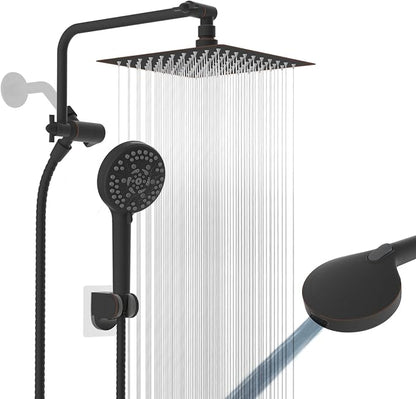 8" Metal Rainfall Shower Head with 10-Mode Handheld, Oil Rubbed Bronze | NSF/ANSI/CAN 372 Certified, High Pressure Showerhead Combo with 11" Adjustable Shower Arm, 71" Hose, Shower Head Holder
