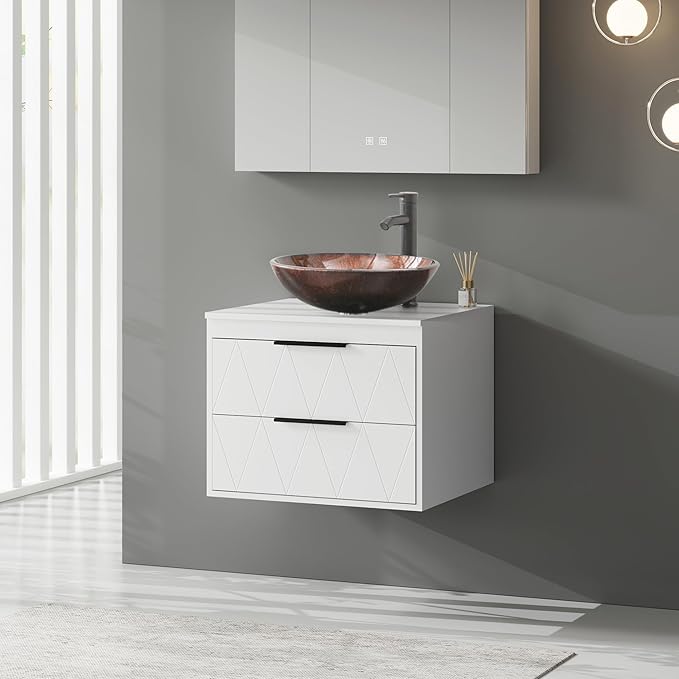 eclife 24" Floating Bathroom Vanities with Sink Combo, Wall Mounted Modern Cabinet W/Diamond Line Pattern Design, Brown Round Glass Vessel Sink W/Water Save Faucet & Pop Up Drain, White