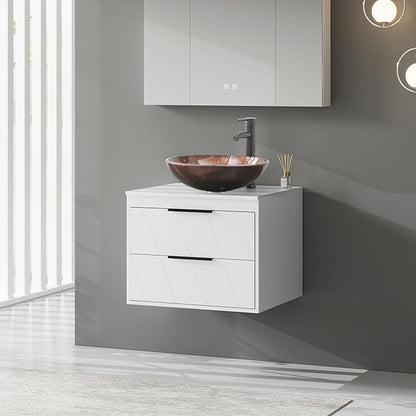 eclife 24" Floating Bathroom Vanities with Sink Combo, Wall Mounted Modern Cabinet W/Diamond Line Pattern Design, Brown Round Glass Vessel Sink W/Water Save Faucet & Pop Up Drain, White