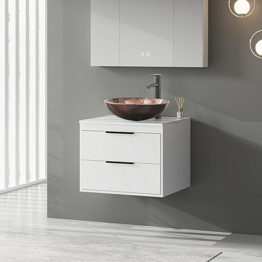 eclife 24" Floating Bathroom Vanities with Sink Combo, Wall Mounted Modern Cabinet W/Diamond Line Pattern Design, Brown Round Glass Vessel Sink W/Water Save Faucet & Pop Up Drain, White