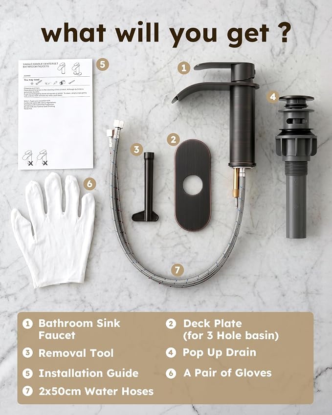 Waterfall Bathroom Faucet Single Handle – WOWOW Modern Oiled Rubbed Bronze Vanity Sink Faucet, Stainless Steel Basin Sink Tap for RV Lavatory 1 or 3 Hole, Hot & Cold Mixer Tap with Pop up Drain