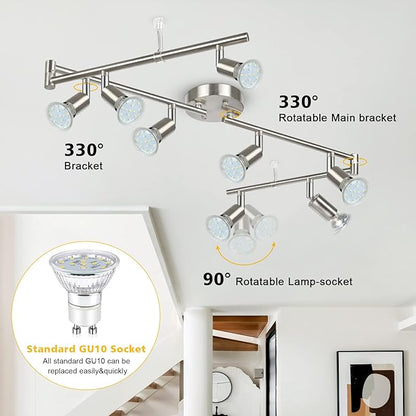 Unicozin LED Track Lighting Kit, 54.13'' Matt Nickel 8 Way Ceiling Spot Lighting, Flexibly Rotatable Light Head, Modern Track Light Included 8 x LED GU10 Bulb (4W, Daylight White, 400LM)