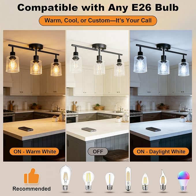 HiBay 3-Light Track Lighting Fixture Black, Ceiling Wall Mount Spotlights | Adjustable 3 Heads with Glass Shades, Modern Farmhouse Industrial, for Kitchen Island, Bathroom, Bedroom, E26 Base