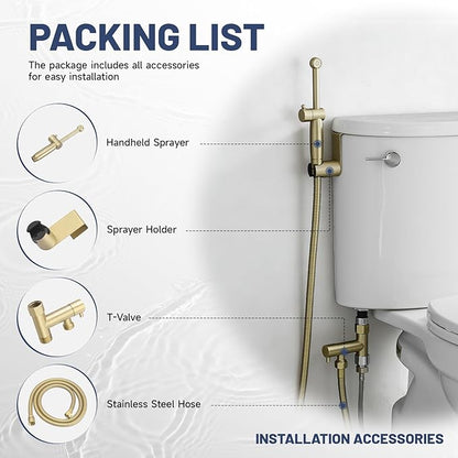 Handheld Bidet Sprayer for Toilet, Handheld Sprayer Attachment for Toilet with Adjustable Pressure Control Brushed Gold Bathroom Fixture Bidet Sprayer Sets, Brass