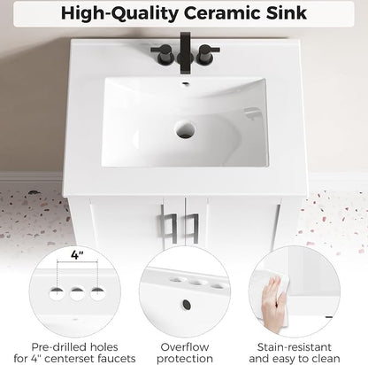 IRONCK 24" Bathroom Vanity with Sink, 1 Soft-Close Drawer & 2 Doors, White | Freestanding Bathroom Vanity, Integrated Ceramic Sink, Modern Bathroom Storage Cabinet for Small Space, Easy Assembly