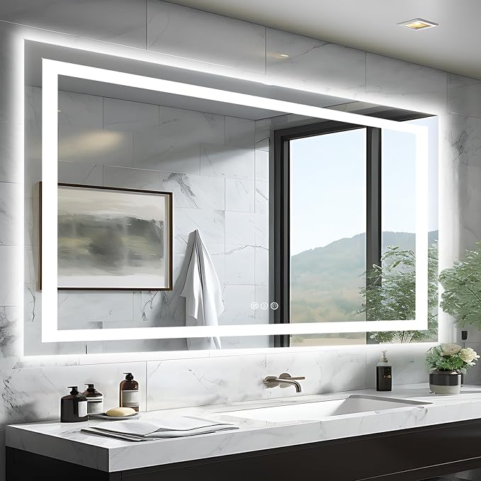 EchosLife 50"x32" LED Lit Bathroom Mirror | Backlit + Front Lit, Anti-Fog, Stepless Dimmable, 3 Colors, Memory, Tempered Glass, UL Listed, Horizontal/Vertical