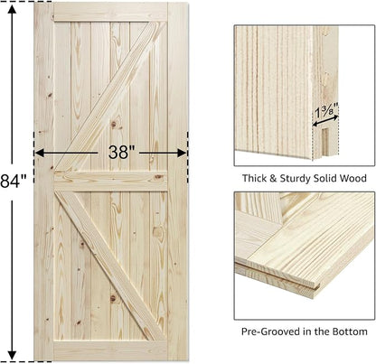 SmartStandard 38in x 84in Sliding Barn Wood Door Pre-Drilled Ready to Assemble, DIY Unfinished Solid Spruce Wood Panelled Slab, Interior Single Door Only, Natural, K-Frame (Fit 6.6FT Rail) | Pre-Drilled Ready to Assemble, DIY Unfinished Solid Spruce Wo...