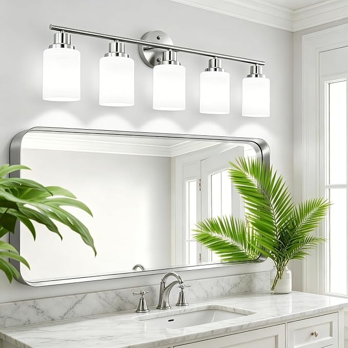 5-Light Brushed Nickel Vanity Lights, Bathroom Light Fixtures with Textured Milky White Glass Shade, Modern Bathroom Lighting Fixtures Over Mirror Wall Sconce Light - E26 Base