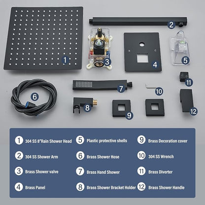 Shower Faucet Matte Black Shower System with 12 Inches Rain Shower Head and Handheld Spray Bathroom Luxury Rain Shower Faucet Set Complete Wall Mounted