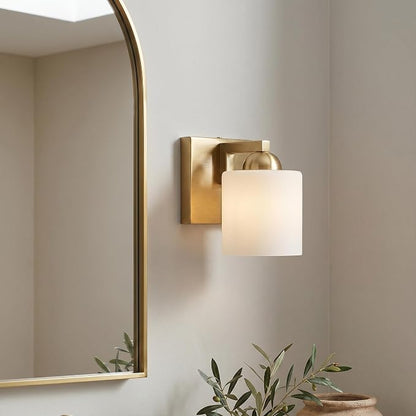 mirrea 1-Light Brushed Gold Bathroom Vanity Light with White Glass Shade | Over Mirror,Wall Sconce,ETL listed,Bathroom Lighting Fixtures,Elegant Design,Milk White Glass Shade,Easy Installation