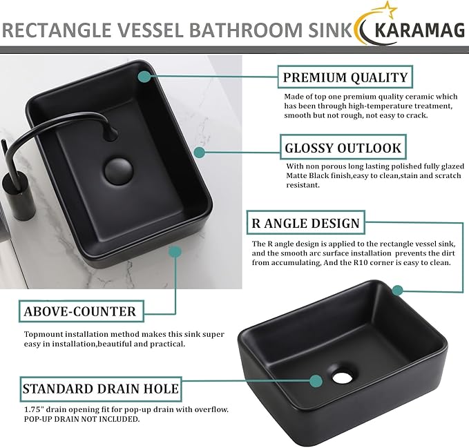 Black Vessel Sink Rectangle 16"x12" Bathroom Sink Rectangular Modern Above Counter 16 Inch Small Bathroom Sinks Matte Black Porcelain Ceramic Vessel Vanity Sink Art Basin