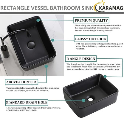 Black Vessel Sink Rectangle 16"x12" Bathroom Sink Rectangular Modern Above Counter 16 Inch Small Bathroom Sinks Matte Black Porcelain Ceramic Vessel Vanity Sink Art Basin