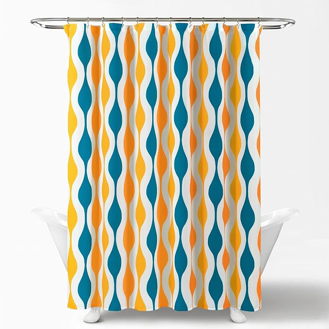 Lush Decor Mid Century Geo Shower Curtain Single 72" W x 72" L Turquoise & Orange - Blue Shower Curtains for Bathroom - Bathroom Curtain - Retro Decor