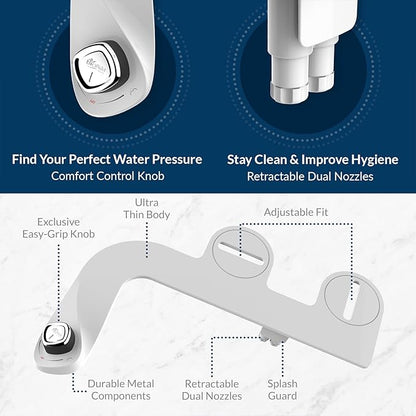 Bio Bidet SlimEdge Bidet Attachment for Toilet, Non Electric, Dual Nozzles for Front and Rear Cold Water Wash, Adjustable Water Pressure, White