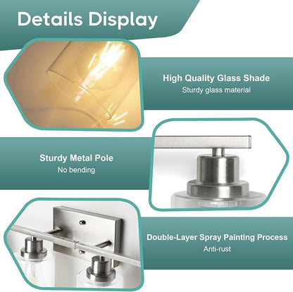 Ascher Bathroom Light Fixtures, 4-Light Vanity Light Over Mirror, Brushed Nickel Wall Sconces with Clear Glass Shades, Wall Lamp for Living Room Bedroom, E26 Base(Bulbs Not Included)