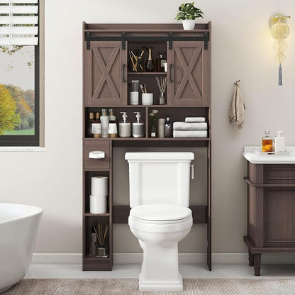 Vabches Over The Toilet Storage Cabinet with Sliding Doors, Espresso | Farmhouse Storage Cabinet Over Toilet, Home Space-Saving Toilet Rack, Toilet Paper Holder Stand,for Restroom,Bathroom,Laundry