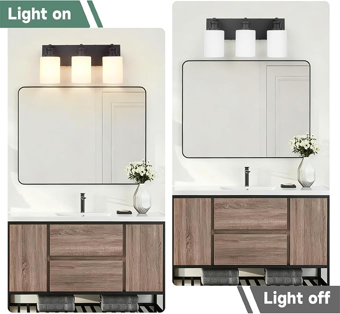Bathroom Vanity Light, Modern 3 Light Bathroom Light Fixture Over Mirror | Light Fixture Over Sink with White Glass Shade, Black Vanity Lights for Bathroom, E26 Base, 16.5 inch (Bulbs Not Included)