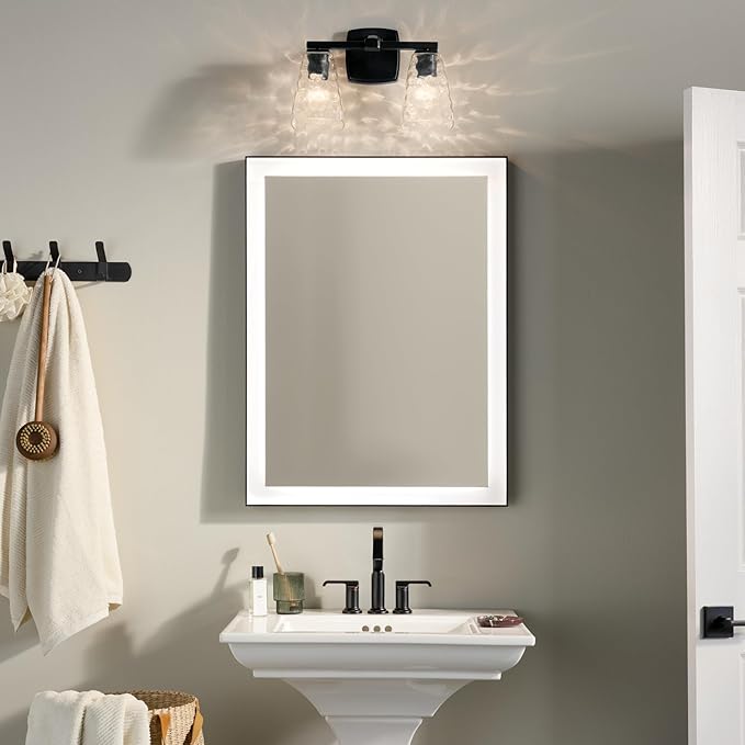 Kichler Marant 14.25" 2-Light Vanity Light with Clear Water Glass in Black, for Bathroom, Powder Room, Over a Mirror, (14.25" W x 9.5" H), 55215BKWTR