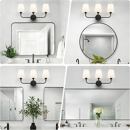 Bathroom Vanity Light, Matte Black Bathroom Light Fixtures, 3-Light Lighting Fixtures Over Mirror, Modern Wall Sconce with Flared White Fabric Shade, E26 Socket(ETL Listed)